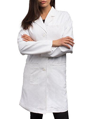 A female nurse in a white lab coat