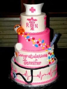 Round 4-tiered nurse cake with bright pink accents