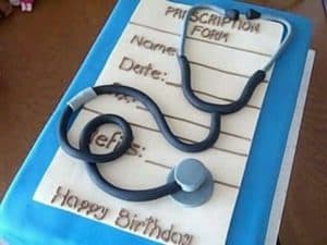A sheet cake decorated to look like a prescription form