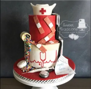 2-tiered Nurse Cake with red and white decorations