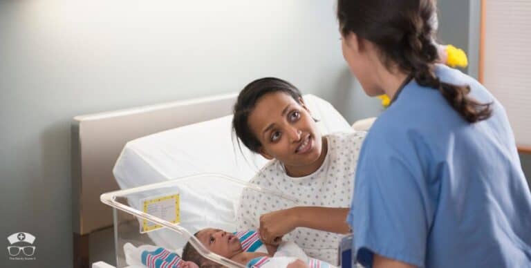 mother newborn baby and postpartum nurse in a hospital room