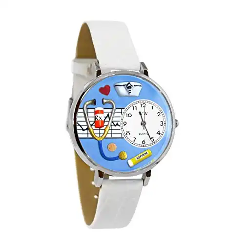 Whimsical Gifts Women's Nurse Blue 3D Watch | Silver Finish Large | Unique Fun Novelty | Handmade in USA | White Watch Band