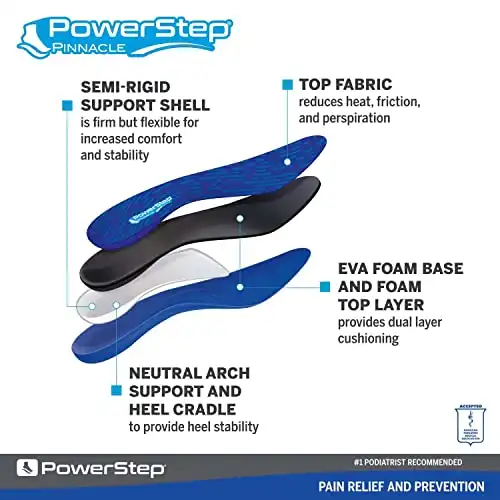 PowerStep Insoles, Pinnacle, Plantar Fasciitis Pain Relief Insole, Heel Pain &Arch Support Orthotic For Women and Men, M10/W12