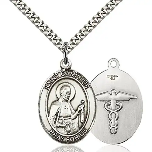 Bonyak Jewelry Saint Medal Collection Sterling Silver St. Camillus of Lellis Pendant 1 x 3/4 inches with Heavy Curb Chain