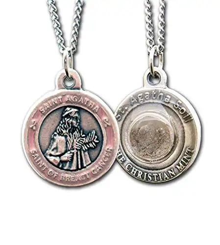 The Christian Mint, LLC St Agatha Patron Saint of Breast Cancer Medal with Capsule of Catania Soil – Includes 18″ Chain