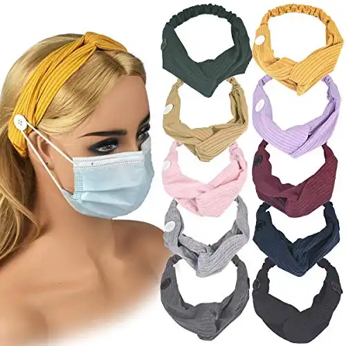 Bevisun 10 Pcs Headbands with Buttons for Face Mask