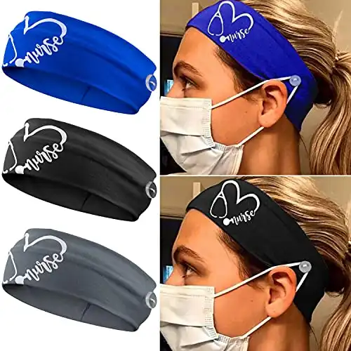 CODACE 3 Pack Nurse Headbands with Buttons (Blue, Black, Grey)